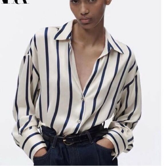 NWT Satin Effect Shirt ~ Navy Blue and Ivory Striped - Picture 7 of 14